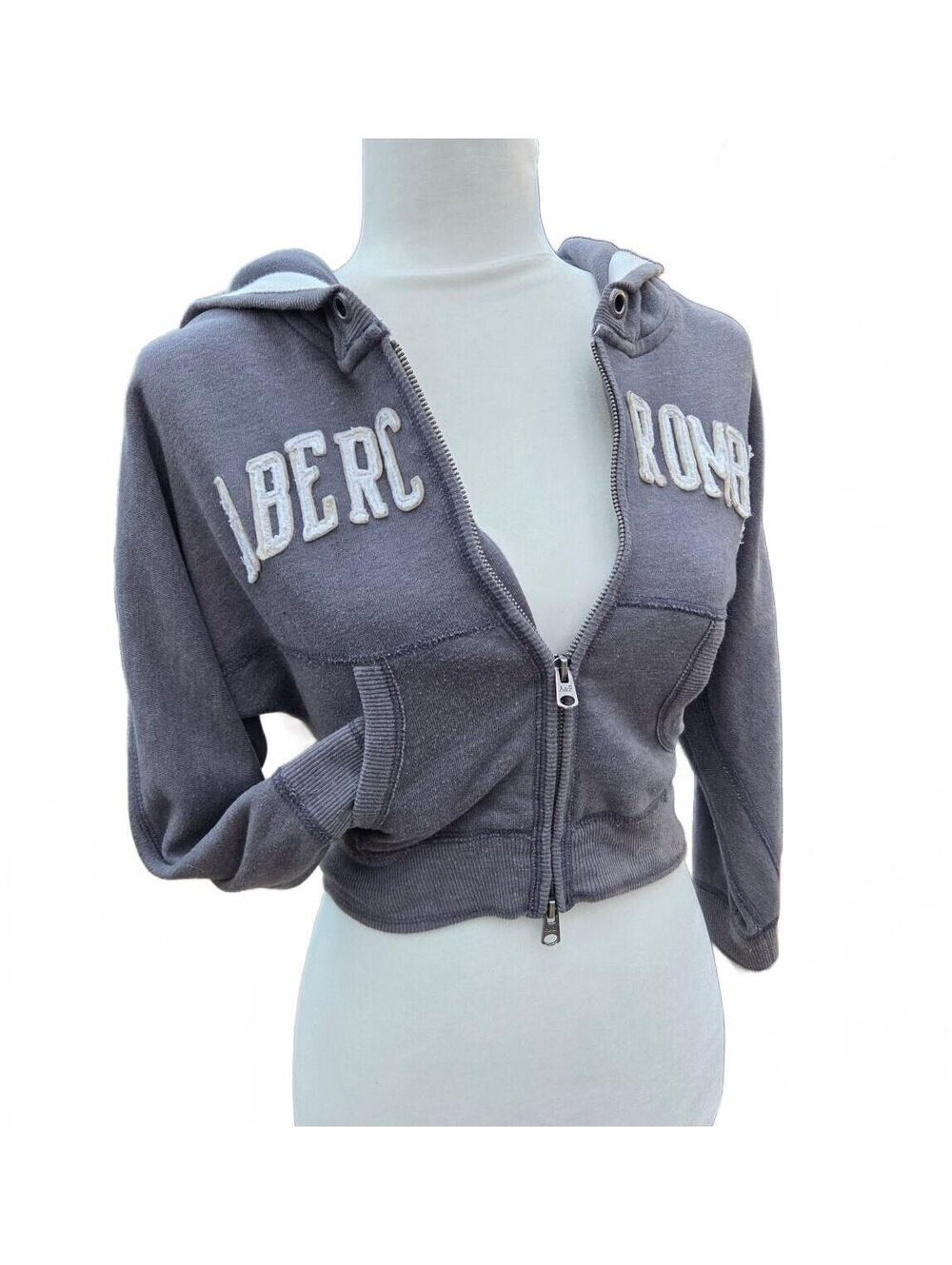 Y2K Abercrombie & Fitch Vintage Grey Cropped Zip Up Logo Hoodie Sweatshirt XS